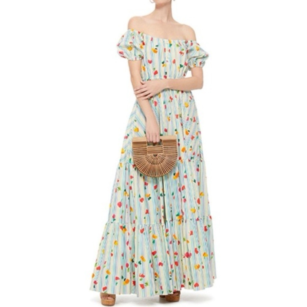Caroline Constas Bardot Tiered Maxi Long Dress‎ XS Green Stripe Floral Puff